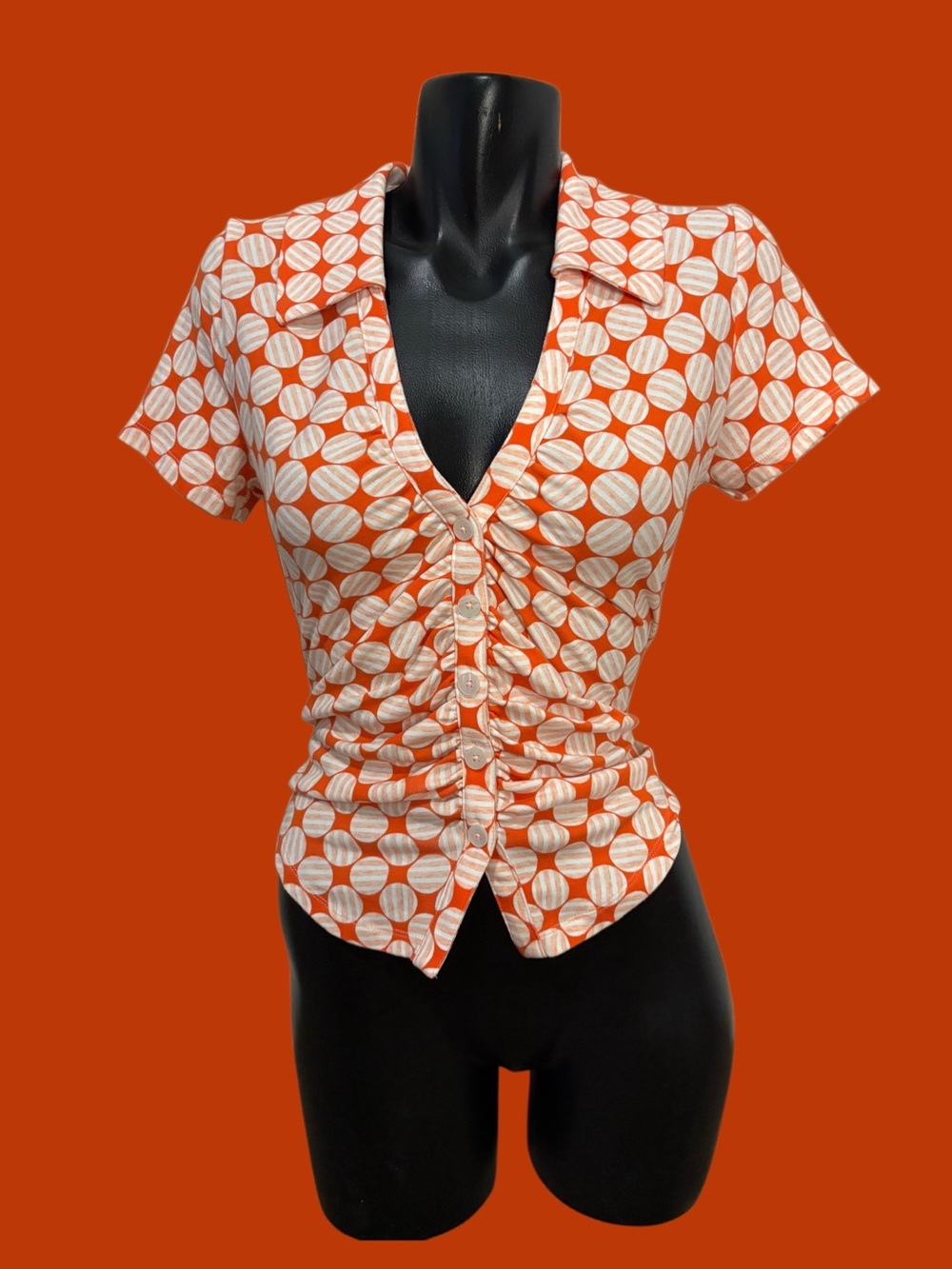 Anthropologie Maeve Short Sleeve Cotton Collared Button Up Blouse Orange & White